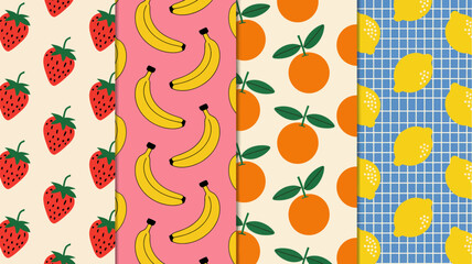 Fruit pattern featuring strawberries bananas oranges and lemons in a colorful vector illustration strawberry produce repeating design tropical citrus fresh © Ultimate