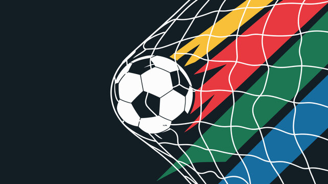 A stylized soccer ball positioned near a net with a vibrant multi colored geometric background football sphere sports equipment goal