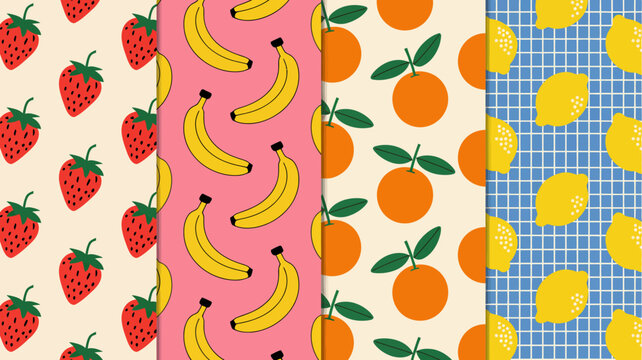 Fruit pattern featuring strawberries bananas oranges and lemons in a colorful vector illustration strawberry produce repeating design tropical citrus fresh