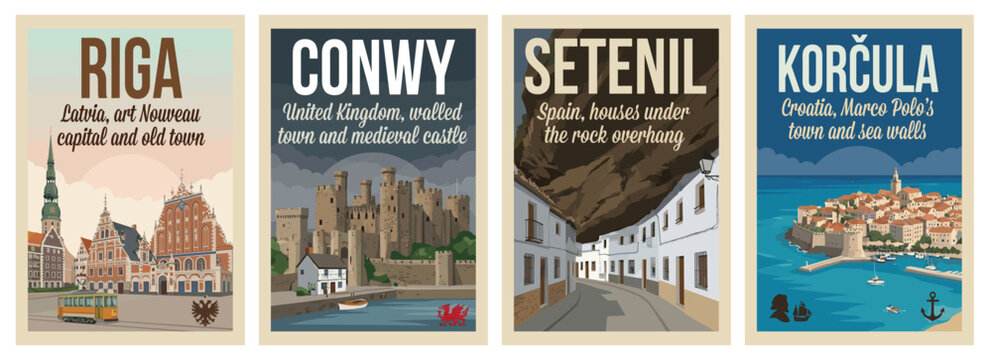 Vintage hidden european towns travel poster set. Including riga latvia, conwy united kingdom, setenil spain, and korcula croatia. Wall art prints