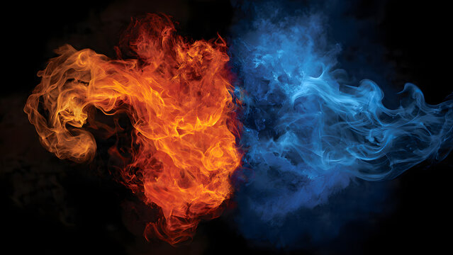 Dynamic clash of orange and blue smoke on black background