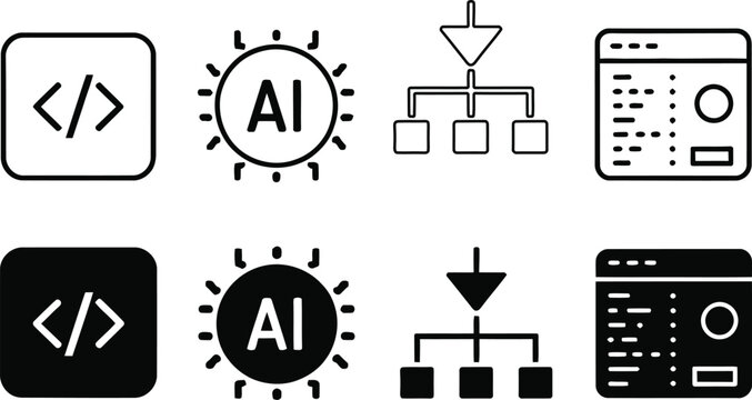 Set of programming and artificial intelligence icons, including code, ai, hierarchy, and software interface