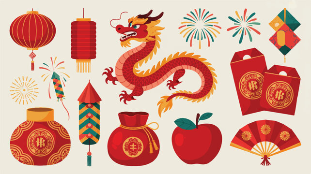 Vibrant chinese new year celebration scene with dragon and festive icons indoors
