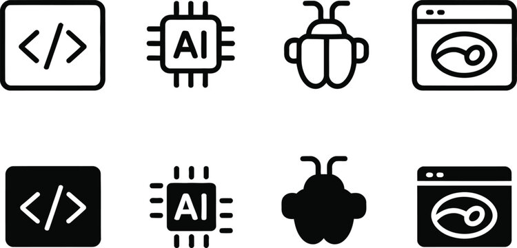 Set of technology and software development icons including coding, ai chip, bug, and web browser