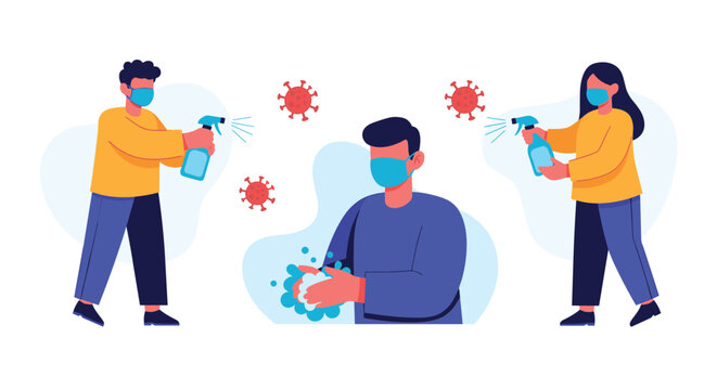Group of people practices safety measures such as wearing face masks and sanitizing hands to prevent the spread of viruses.