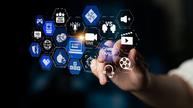 Gaming icons show online gaming, game streaming, and interactive play. Gaming supports esports, game community, and digital gaming experience. Entice