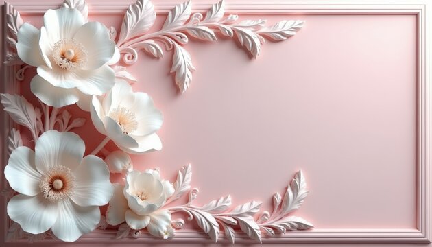 Elegant white floral bas relief on pink background frame. Delicate flowers leaves ornament for interior design wallpaper wedding invitation or beauty ads.