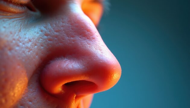 Extreme close-up of human nose showing skin texture with pores and red tone. Medical illustration concept for sinusitis nasal passages and rhinoplasty.