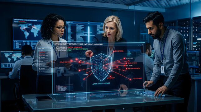  Three business professionals reviewing cybersecurity threat dashboard, holographic firewall visualization, dark blue interface, glowing red attack points, secure operations center