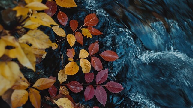 Vibrant autumn leaves gracefully float along a flowing river during golden hour