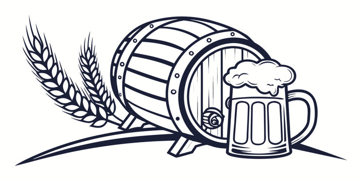 Classic beer mug and wooden cask with wheat ears graphic illustration isolated monochrome beverage agriculture ornament decoration refreshment production