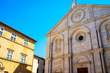 Naklejka premium View of the old palaces and cathedral in Pienza, medieval village of Tuscany (Province of Siena, Italy); is world famous for its renaissance monuments.