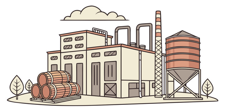 Industrial brewery processing plant with storage silo and stacking wooden barrels industry production building beverage facility manufacturing processing brewhouse architecture industrial