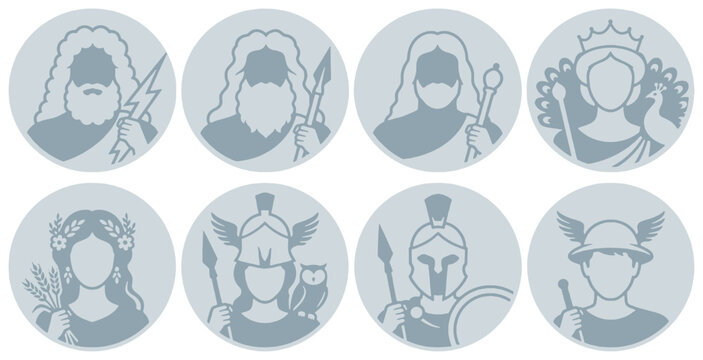 Collection of stylized icons representing Greek gods and goddesses in circular frames.