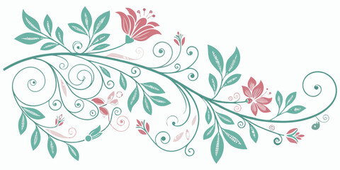 Elegant floral scroll border with pink flowers and decorative green leaves ornamental botanical decoration illustration artistic composition abstract invitation ornament stylized blooming © AG