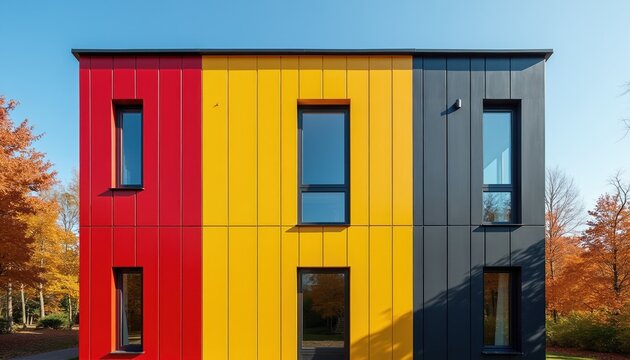 Modern building exterior features colorful sandwich panels red yellow gray. Contemporary architecture design uses PIR insulation panels. Windows reflect autumn trees and clear blue sky.