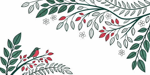 Natural floral frame border with bird perched on branch and leaves botanical ornament decorative illustration composition invitation greeting decoration isolated background birdlife © AG