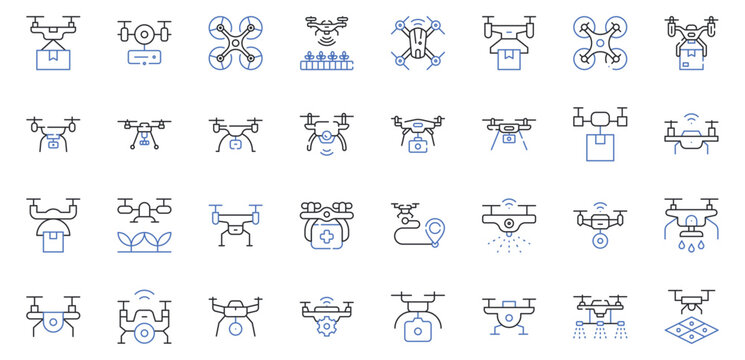 Drone Technology and Aerial Delivery Line Icons Set Quadcopter, Camera Drone, Delivery Drone, Agricultural Drone Editable Stroke Vector Illustration