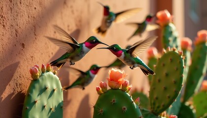 Fototapeta premium Tiny hummingbirds feed on prickly pear cactus blooms near warm wall. Small birds hover with wings blurred, sipping nectar from orange flowers. Nature scene wildlife.