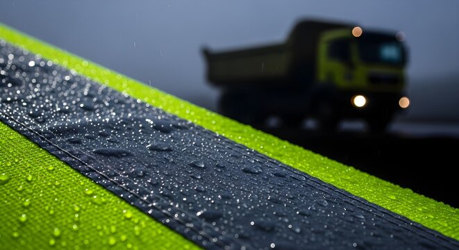Yellow Safety Strip With Raindrops On A Truck During Gloomy Weather