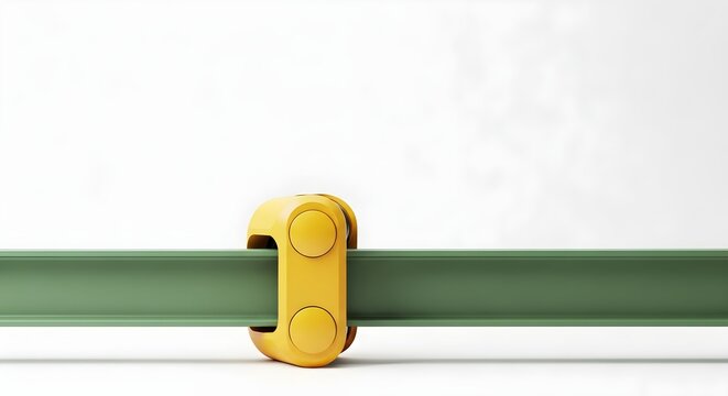 Yellow Clamp Securing a Green Pipe Against White Background