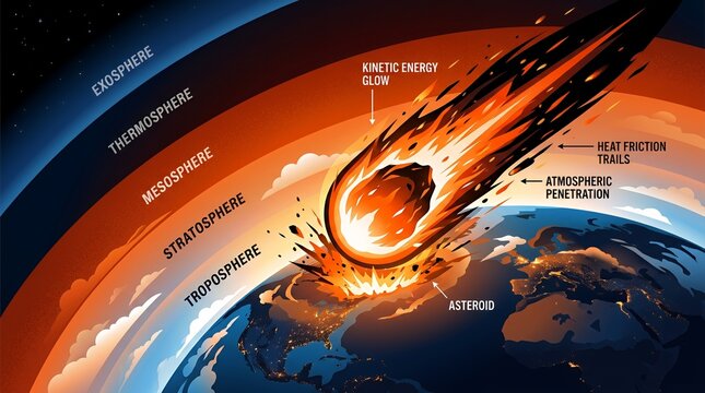 Asteroid entering Earth atmosphere through layers of gas