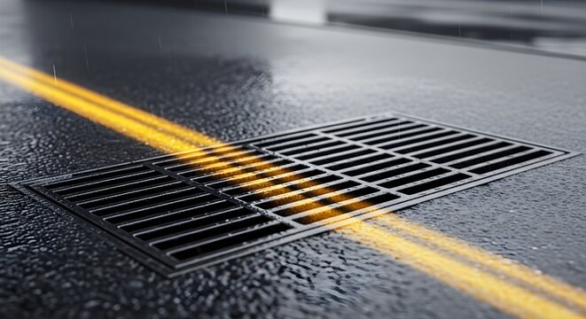 Rainwater Flowing Through Street Drain Grate on Wet Asphalt Road