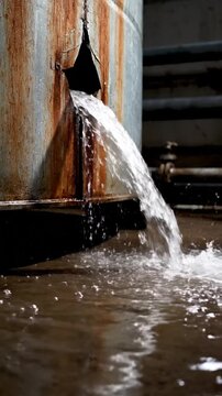 Industrial steel tank draining liquid in a rusty factory setting