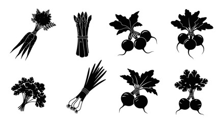 Black silhouettes of various root vegetables and herbs on white background © Nimay