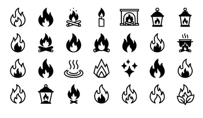 Monochrome Flame and Fire Icons Collection with Camping Heating Candle and Fireplace Elements © MD Rakibul