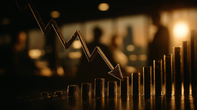Downward Trend: A financial graph depicts a sharp decline, with a downward arrow and bar chart illustrating economic downturn in a dimly lit office, suggesting recession and financial loss.