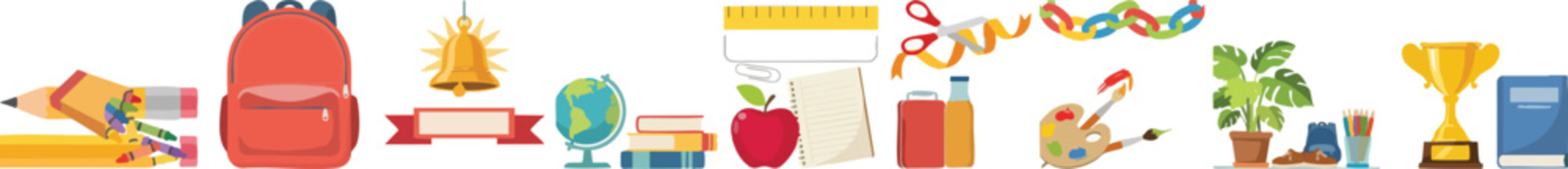Educational supplies illustration school accessories set ruler scissors backpack bell globe books apple notepad bottles paint palette plant trophy book pencil