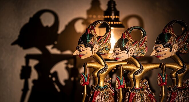 Three traditional Indonesian Wayang kulit shadow puppets are illuminated with warm light, casting dramatic shadows behind them