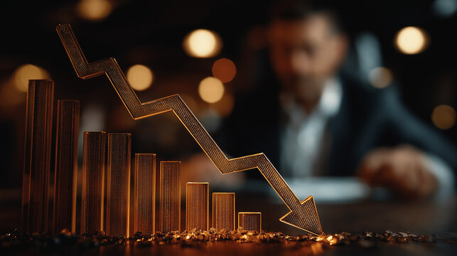 Market Downturn: A sharp downward trend chart with a descending arrow symbolizes a bearish market, illustrating financial decline and economic recession.