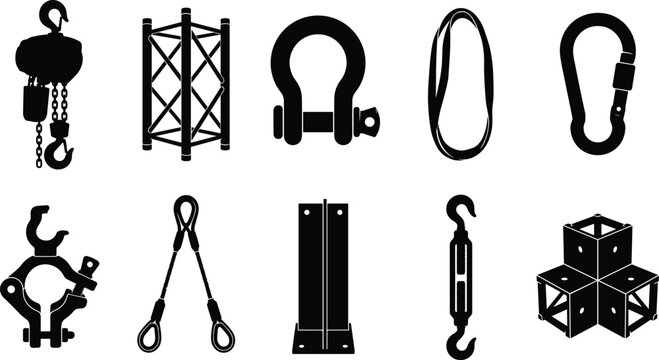 Collection of lifting rigging silhouettes featuring hooks, shackles, chains, slings, hoists, and crane hardware