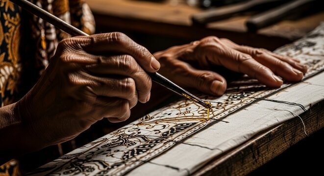 Hands of an Elderly Artisan Carefully Applying Hot Wax to Fabric for Traditional Batik Pattern