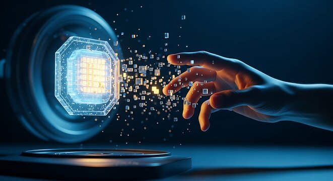 A robotic hand reaches out to interact with a glowing microchip on a futuristic device in a dark tech lab environment.