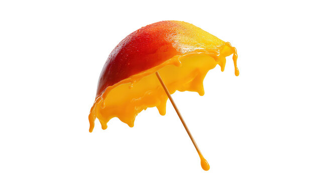 Creative 3d render of mango fruit shaped like umbrella with dripping juice splash isolated on transparent background showcasing surreal culinary concept for high end food marketing and