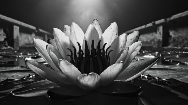 Black and white close up of a lotus flower with reflection in water under a dramatic sky with flowing water
