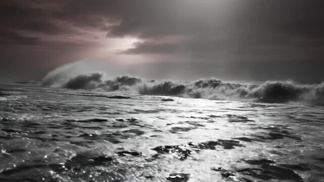 Dramatic grayscale ocean waves crashing onto black sand beach under a cloudy, moody sky