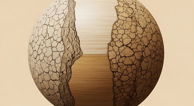 Dried cracked earth contrasts with smooth polished wood surface in striking environmental texture composition