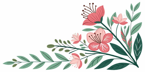Floral corner design with pink blossoms and leafy branches blossoms botanical ornament illustration decorative blooming arrangement invitation greeting isolated background composition © AC
