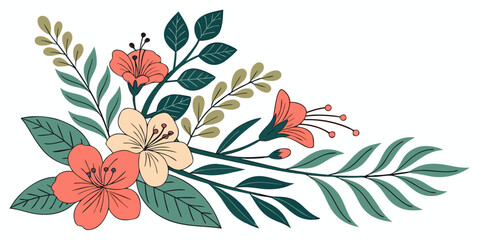 Colorful floral corner decoration featuring peach and coral flowers multi colored blossoms botanical ornament illustration decorative blooming arrangement invitation greeting isolated © AC