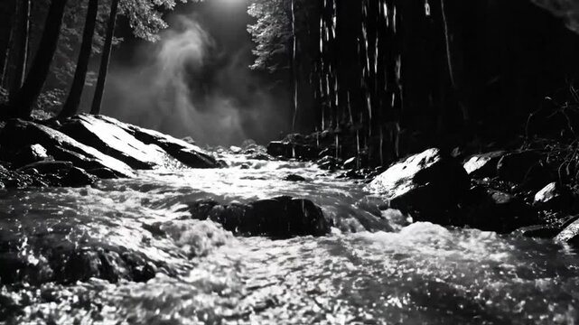 Black and white video of a rushing stream cascading over rocks through a dark forest with steam rising in the background.