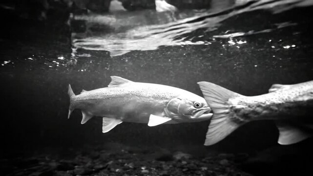 Black and white underwater view of two salmon swimming gracefully with reflections in a clear river