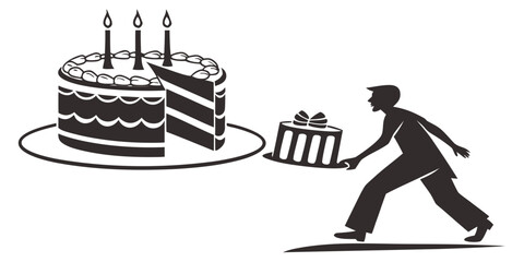 Silhouette of a man walking while carrying a gift box next to a large birthday cake with birthday silhouette carrying celebration occasion illustration creativity monochrome isolated activity © AC