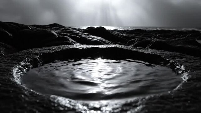 Black and white close up of water droplet impacting a pool of water on a rocky beach with sunlight reflection