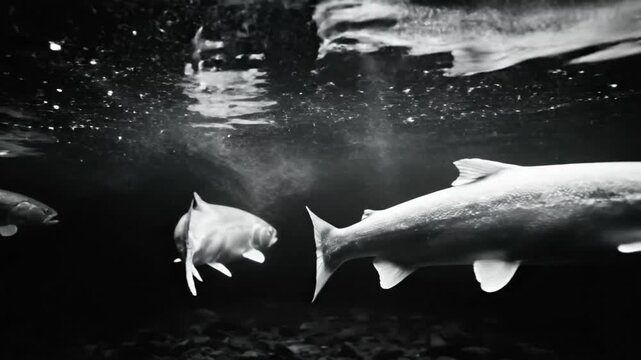 Black and white underwater cinematic view of multiple salmon swimming gracefully in a dark, murky environment