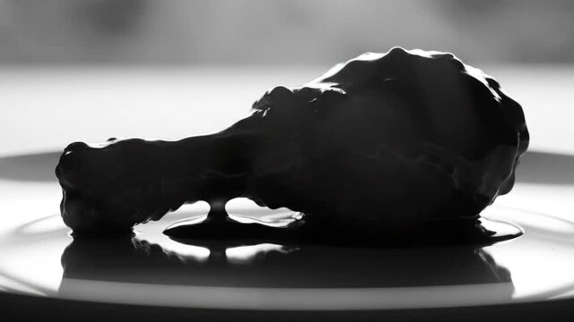 Black and white close up of a chicken drumstick being drizzled with a dark sauce on a white plate