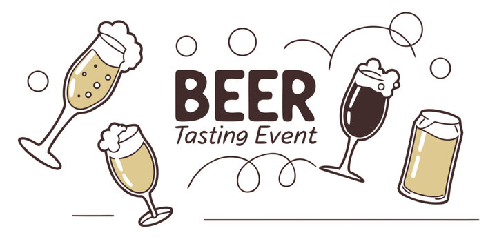 Beer tasting event promotional banner with various beer glasses beverage illustration promotion celebration template refreshment isolated gathering nightlife entertainment